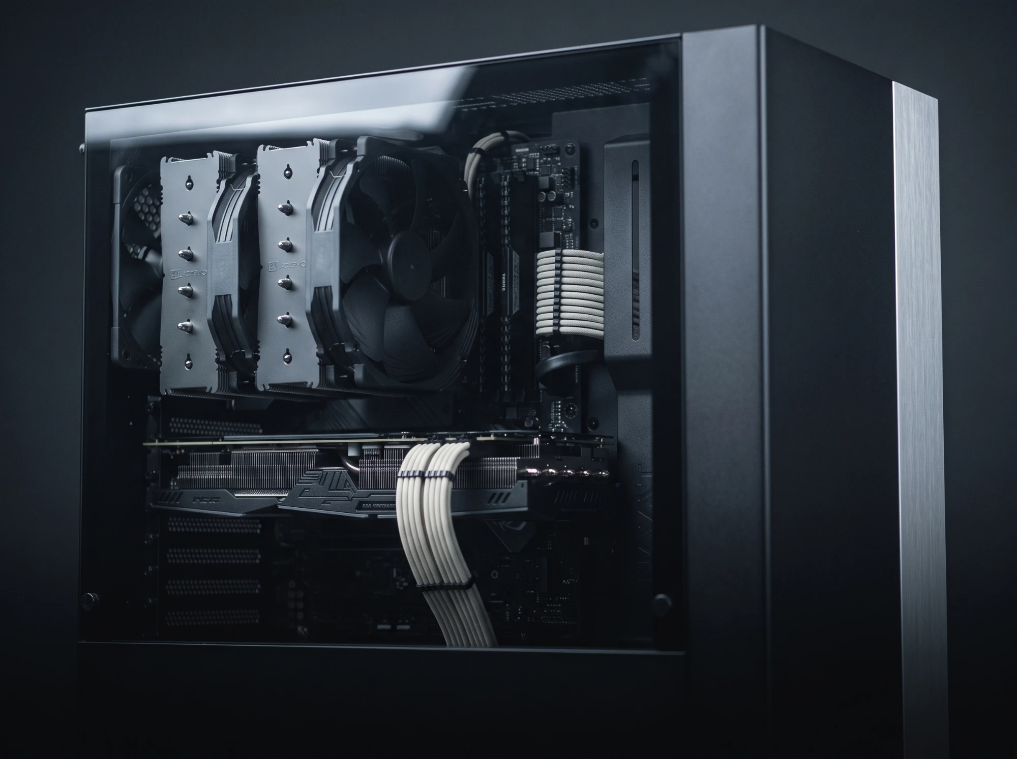 Inside a custom-built PC: tower cooler, graphics card and sleeved cables